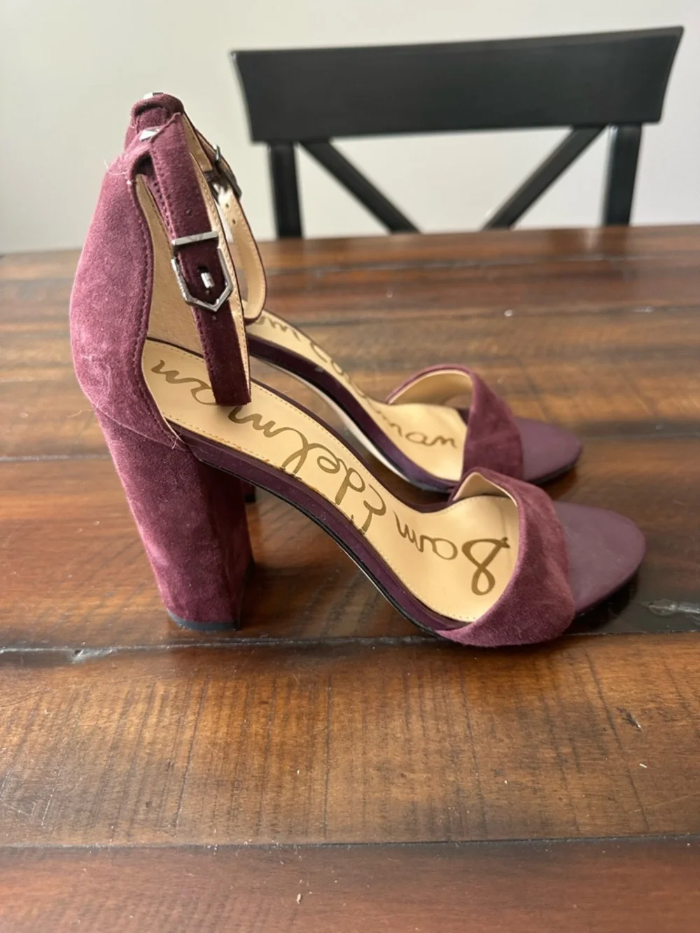 Sam Edelman Burgundy Suede Block Heel Sandals with Ankle Strap - Picture 3 of 6